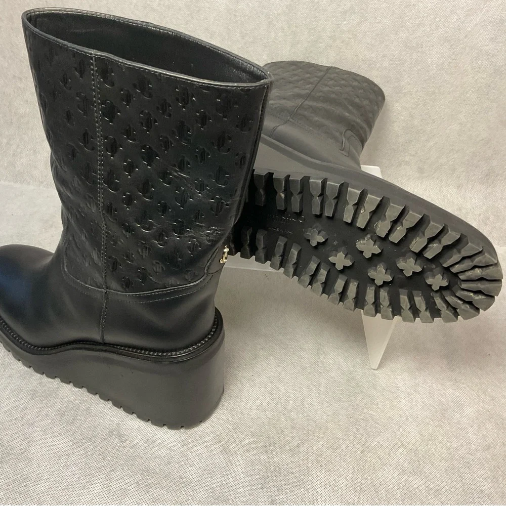 Jimmy Choo Monogram Embossed Leather Wedge Boots- Black- Barely Worn- Size 37.5 - Picture 12 of 14
